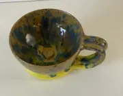 KM Pottery Studio Folk Art Coffee Mug Yellow & Blue Heart Inside Boho Valentine