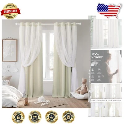 Modern 63 Inch Beige Blackout Curtains with White Sheer Overlay - Set of 2