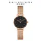 Daniel Wellington 手錶 Petite Melrose 24mm玫瑰金麥穗式金屬編織錶-黑錶盤-玫瑰金框(DW00100440)