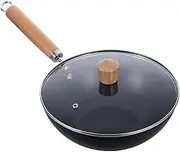 MOKKHNB Small Iron Wok with Lid Deep Non Stick Cooking Pan for Kitchen Iron Material Transparent Cover Wooden Handle for Everyday Cooking and Stir Frying