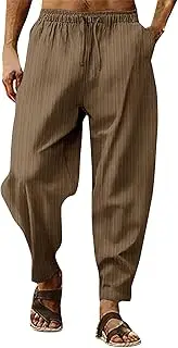 Summer Cotton Linen Harem Pants for Mens Drawstring Elastic Waist Casual Loose Fit Lightweight Lounge Beach Trouser