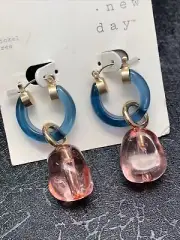 Bohemian Boho blue pink clear lucite hoop Drop Dangle Pierced Earring NWT