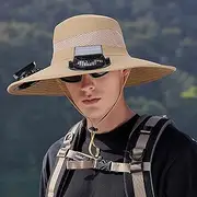 [Tousiyra] Solar Powered Fan Hat Wide-Brimmed Sun Hat with 2 Fans USB Charging Sun Hat with 2 Solar Fan for Men Women Outdoor Fishing Beige,L