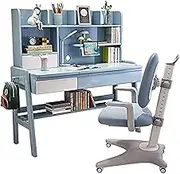 Solid Wood Writing Table, Ergonomic Posture Corrector Chair with Universal Wheels, Height Adjustable Kids Desk and Chair Set