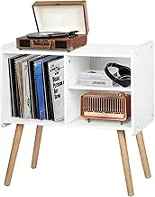 Possile Mid-Century Record Player Stand, Vinyl Record Cabinet Holder with Storage Up to 100 Albums, Record Player Table for Living Room Bedroom Office, Turntable Stand with Wood Legs, White