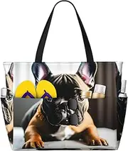 [Ghjkfbf] French Bulldog Print Large Capacity Beach Travel Bag For Family, Beach Tote Bag For Women With Zipper Pockets, Black, One Size