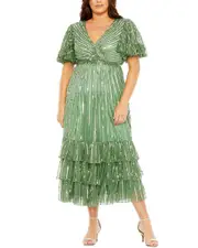 Mac Duggal Plus Sequin Faux Wrap Flutter Sleeve A-Line Dress