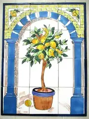 Hand Painted Ceramic tile art wall mural panel Lemon Tree BACKSPLASH 18" x 24"