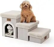 Dog Stairs for High Bed and Couch, 3 IN 1 Foldable Pet Stairs for Cats & Small and Medium Dog Ramp with Storage/Pet Climbing Ladders/Cozy Condo,Holds Up to 180 lbs,Non-Slip Surface(3 Step-Light Khaki)