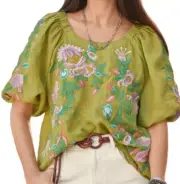NWT Sundance Catalog Green Floral Embroidered Bohemian Peasant Top Size XXL