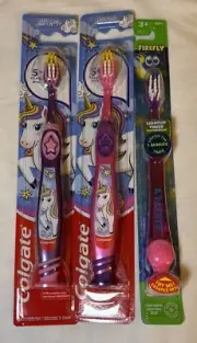 Girls Kids Colgate Suction Toothbrush Unicorn X2, & Firefly Timer Light Up Brush