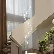 USOR 18-Light Staircase Chandelier Modern High Ceiling Chandeliers LED Crystal Raindrop 3 Colors Dimmable Large Long Pendant Light Luxury Chandelier for Entryway Living Room Hallway Foyer Lobby Remote