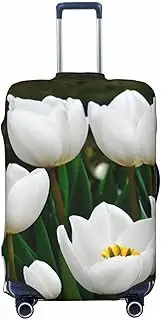 [CADREWY] White Tulips Flower Print Travel Suitcase Cover Luggage Protector with Elastic Anti Scratch for Carry On, Black, Small