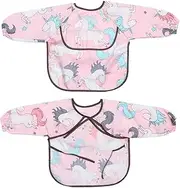 HONITANO 2Pcs Bibs with Food Catcher Pocket Cartoon Pattern Feeding Smock for Easy Cleanup Durable and Breathable Design for Years Old for Mealtime at Home