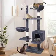 BEASTIE 145cm Multi-Level Cat Tree Tower with Scratching Posts, Grey Cat Condo Play House Wood Furniture with Plush Perch, Sisal-Covered Cat Scratcher for Kittens Climbing and Rest