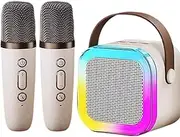 Portable Karaoke Machine with 2 Wireless Microphone, Mini Bluetooth Speaker for Adullts and Kids, Valentines Day Gifts Back to School Gifts (Beige)