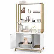 Costway 2-in-1 Cat Litter Box Enclosure Storage Cabinet w/Scratching Pad Tall Pet House Corner Shelf Sideboard