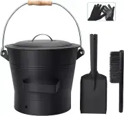 Ash Bucket with Lid, 2.6 Gallon Fireplace Ash Bucket with Shovel & Hand Broom, M