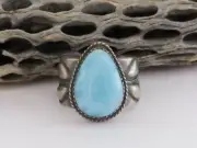 Native American Hand Stamped Oxidized Sterling Silver Larimar Ring SZ 10 3/4