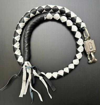 Motorcycle Old School Get Back Whip 42" White Black Fringe Leather for Handlebar
