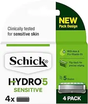 Schick - Hydro 5 Sensitive for Men | Sensitive Razor Blade Refills | 4 Pack | Hydrating Gel Pools | Aloe & Pro-Vitamin B5 | 5 Blade Cartridges with Skin Guards
