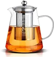 Nu Elevate 950ml Glass Teapot With Stainless Steel Mesh Infuser - Heat-Resistant Borosilicate for Loose Leaf and Blooming Tea Infusions - Stove Top & Microwave Safe