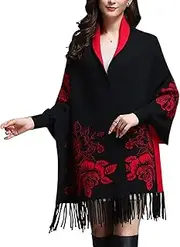 [PNZLZIA] Casual Open Front Tassel Poncho Shawl Coat, Mid-Length Scarf Sweater Wrap with Sleeves for Women, Cape with Sleeves