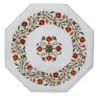 Carnelian Stone Inlay Coffee Table Top with Royal Loom White Marble Corner Table