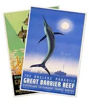 Set of Two GREAT BARRIER REEF Australia FISHING Travel Prints circa 1930 24x36