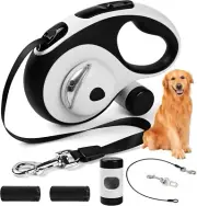 Retractable Dog Leash Heavy Duty, Chew Proof Cable, LED Light (White, 26ft)