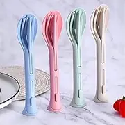 4 Sets Portable Utensils Set, Reusable Wheat Straw Cutlery Set 3 in 1 Knives Spoons and Forks Set, Flatware Sets for Travel Camping Picnic Kitchen Work Daily Use - Green,Beige,Pink,Blue