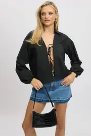 Black Tie Up Front Top Long Sleeve - Size 6XXS, Women's Jacket