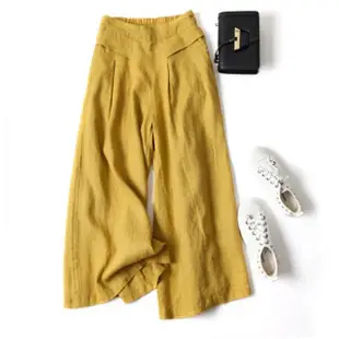 GIFT-黃色-棉麻墜感寬鬆半鬆緊高腰顯瘦闊腿褲裙褲