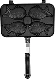 Taiyaki Frypan, 4 Grids Non Stick Double Sided with Black Anti Scalding Handle Aluminium Alloy Waffle Pan, Taiyaki Waffle Maker Non Stick Waffle Cake Maker with Long Handle for Kitchen