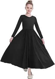 [ORIDOOR] Girls Praise Dance Dress Metallic Gold Liturgical Worship Church Robe Full Length Swing Lyrical Costume, 05-black, 5-6 Years
