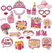24Pcs Mother's Day Photo Booth Props with Stick, Best Mom Theme Selfie Props, I Love Mom Birthday Party Supplies, Photography Backdrop Decorations
