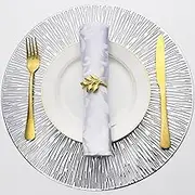 Evevda Placemats for Dining Table Set of 6 Round Hollow Out Table Mats Pressed Metallic Vinyl Plastic Place Mats Table Decoration for Holiday Wedding Accent Centerpiece(Silver Radial Circle)