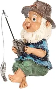 Fishing Gnome Sitter, Garden Gnomes Sculpture Decorations, Resin Fishing Dwarf Figurine Ornaments for Yard Lawn