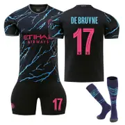 Beakey Manchester City Second Away UEFA Jersey DE BRUYNE #17 Soccer Jersey Kids Adult 3Pcs Jersey Kits