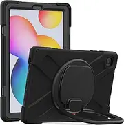 [CHSTLS] Case for Samsung Galaxy Tab S6 Lite 10.4 Inch 2024/2022/2020, Full Body Rugged Drop Protection Hybrid Shockproof Protective with 360 Rotating Grip Stand/Shoulder Strap - Black+Black