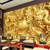 在飛比找蝦皮商城精選優惠-佛堂壁畫酒店客廳電視背景墻壁紙大型壁畫3D立體無縫金色龍木雕