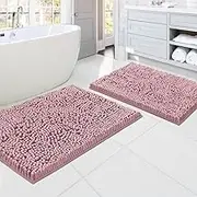 PrinceDeco Bathroom Rugs Non Slip Luxury Chenille Bathroom Rug Mat and Absorbent Shaggy Rugs Washable Dry Fast Plush Area Carpet Mats for Bath Room- (2 Piece - 50cm x 81cm / 43cm x 61cm), Coral Pink