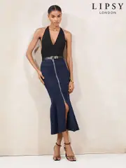 Lipsy Dark Wash Blue Fishtail Zip Front Midi Skirt (AR3009) | $106