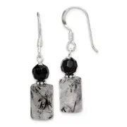 Sterling Silver Polished & Antiqued Black Crystal Tourmalinated Quartz Dangle Earrings