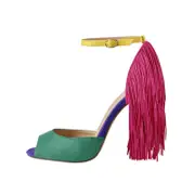 Catzon Women's Fringed Ankle Strap Open Toe Stiletto Sandals-Cyan