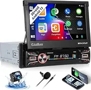 SIXTOP 2+64G Android 13 Single Din Car Stereo 7 Inch Motorized Flip Out Touchscreen with Wireless Carplay Android Auto Mirror Link Various Theme GPS Navi FM RDS DSP SWC Bluetooth WiFi+AHD Camera & MIC