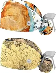 [YTYVAGT] 2-Pc,Nurse Scrub Caps,Scrub Hats with Buttons and Cotton Sweatband,Watercolor Fox and Butterfly