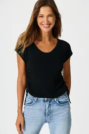 Opal Knit Top Cap Sleeve in Black Cotton Blend S/M
