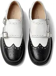 [Beau Today] Monk Strap Loafers for Women,Brogue Wingtips Leather Shoes,Comfortable Slip-on Double Buckles Design Business Oxford for Women