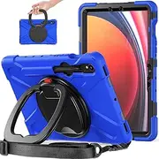 Heavy Duty Case for Galaxy Tab S9 Ultra 2023/S8 Ultra 14.6 Inch, Hybrid Rugged Case with S Pen Holder, Shockproof Kids Case with 360 Rotating Stand/Shoulder Strap (Blue)